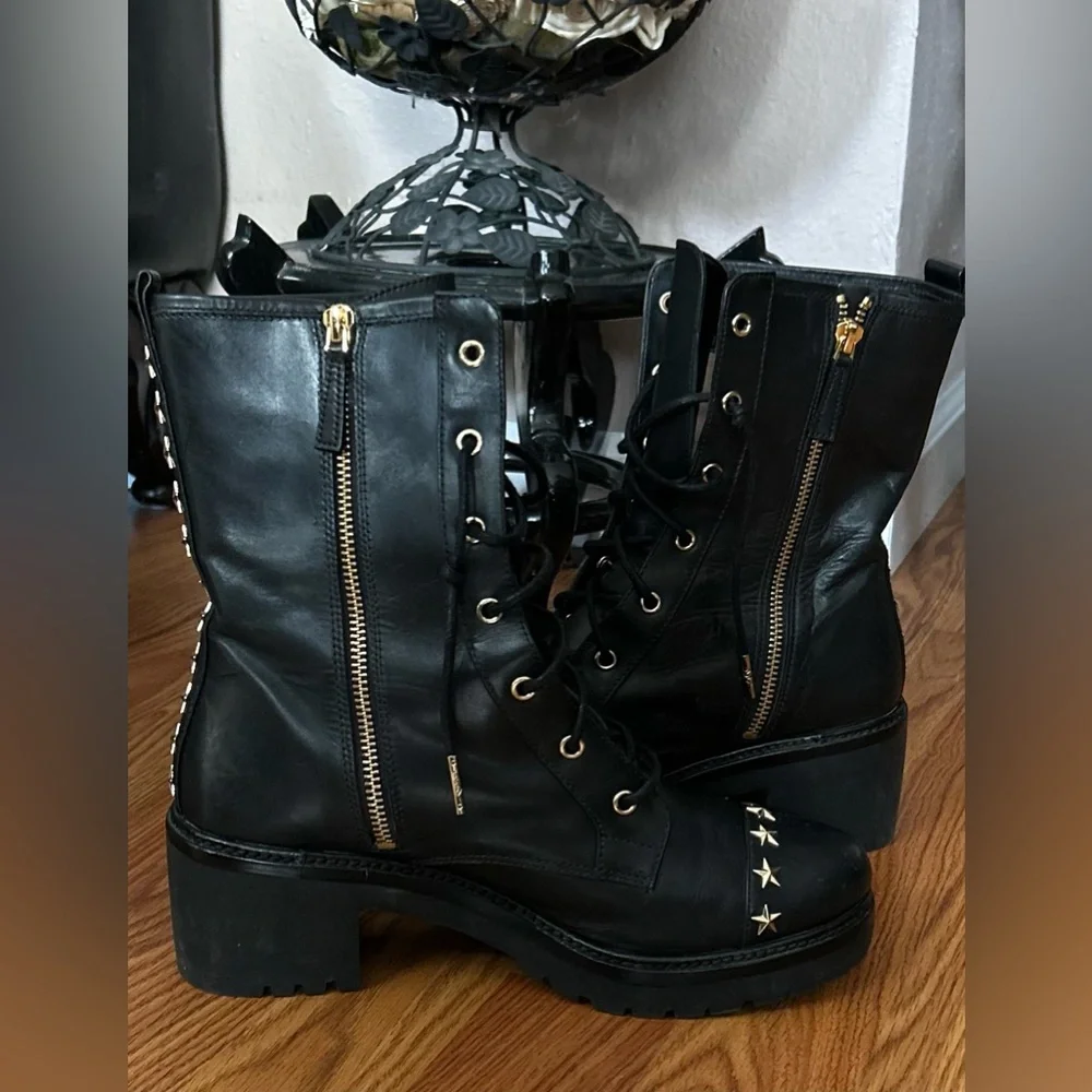 Michael Kors Cody Star Studded Black Leather Combat Boots Size 8 - Picture 5 of 10